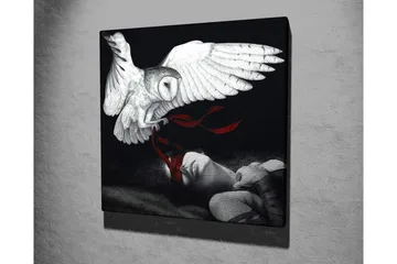 Lerretsbilde - Ugle som svever over en sovende person med røde bånd - Hvit / Svart / Rød - Interiør - Maleri & posters - Lerretsbilder