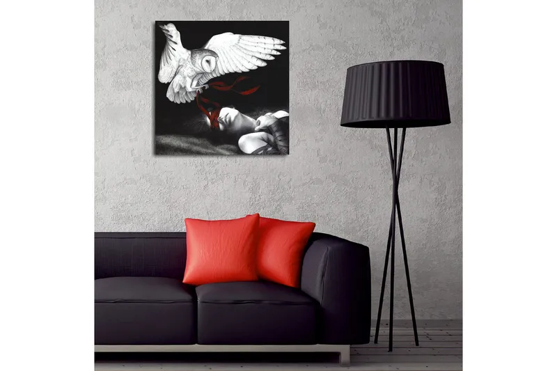 Lerretsbilde - Ugle som svever over en sovende person med røde bånd - Hvit / Svart / Rød - Interiør - Maleri & posters - Lerretsbilder