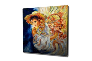 Lerretsbilde - Ung kvinne med blomster i en kurv og en stor hatt - Oransje / Blå / Hvit - Interiør - Maleri & posters - Lerretsbilder