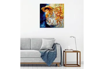 Lerretsbilde - Ung kvinne med blomster i en kurv og en stor hatt - Oransje / Blå / Hvit - Interiør - Maleri & posters - Lerretsbilder