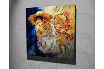 Lerretsbilde - Ung kvinne med blomster i en kurv og en stor hatt - Oransje / Blå / Hvit - Interiør - Maleri & posters - Lerretsbilder