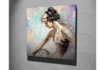 Lerretsbilde - Ung kvinne med blomster i håret lent over en kurv - Lys blå / Beige / Rosa - Interiør - Maleri & posters - Lerretsbilder