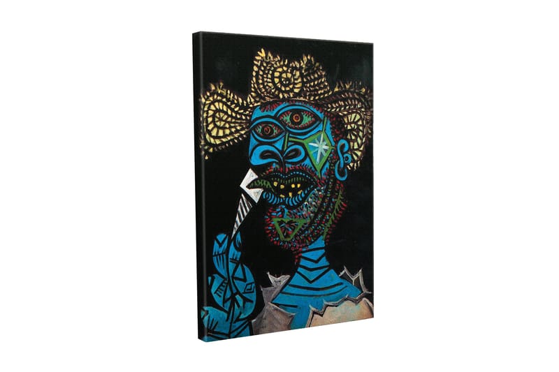 Lerretsbilde - Uttrykksfullt portrett av en mann med fargerike detaljer og en dramatisk bakgrunn, Blå / Svart / Gul