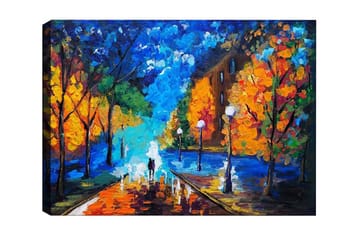 Lerretsbilde - Vakker bypark med fargerike høsttrær og en tursti i skumringen - Blå / Oransje / Grønn - Interiør - Maleri & posters - Lerretsbilder