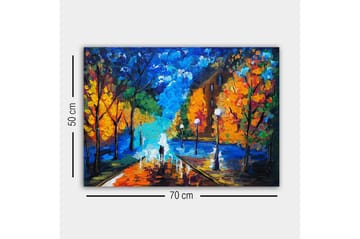 Lerretsbilde - Vakker bypark med fargerike høsttrær og en tursti i skumringen - Blå / Oransje / Grønn - Interiør - Maleri & posters - Lerretsbilder