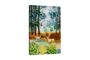 Lerretsbilde - Vakker hjort i skogsmiljø - Grønn / Brun / Beige - Interiør - Maleri & posters - Lerretsbilder