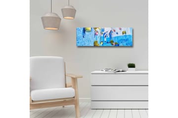 Lerretsbilde - Vakker smug med blå vegger og fargerike blomsterpotter - Blå / Hvit / Gul - Interiør - Maleri & posters - Lerretsbilder