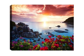 Lerretsbilde - Vakker solnedgang over havet med blomster i forgrunnen - Rosa / Blå / Oransje - Interiør - Maleri & posters - Lerretsbilder
