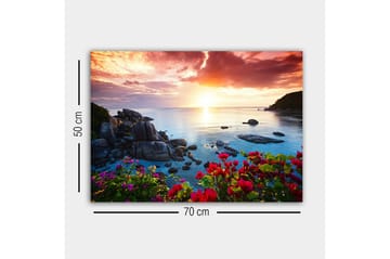 Lerretsbilde - Vakker solnedgang over havet med blomster i forgrunnen - Rosa / Blå / Oransje - Interiør - Maleri & posters - Lerretsbilder