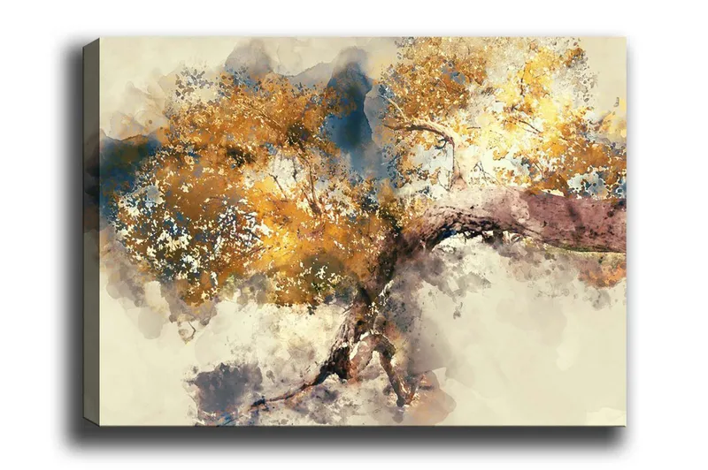 Lerretsbilde - Vakker trekrone med gyllent bladverk, Gull / Brun / Blå
