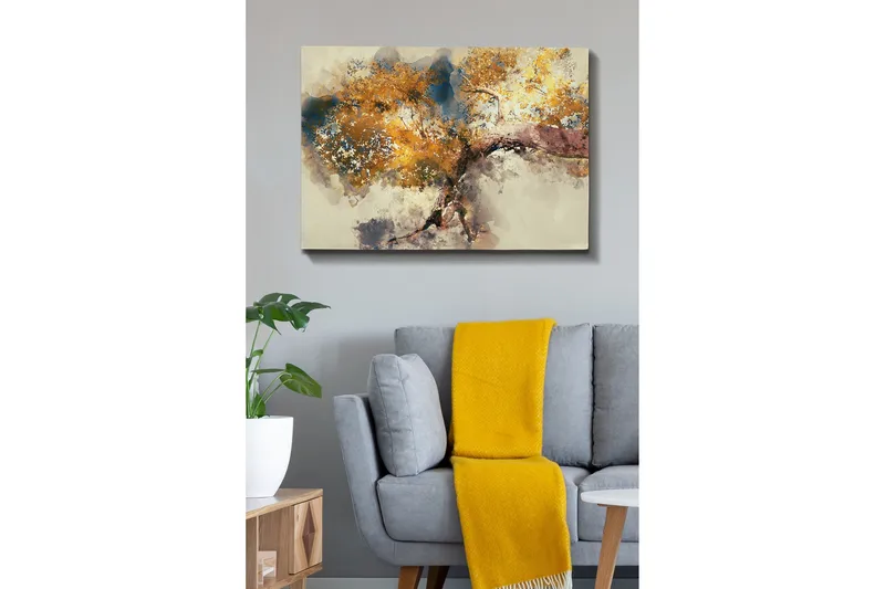 Lerretsbilde - Vakker trekrone med gyllent bladverk - Gull / Brun / Blå - Interiør - Maleri & posters - Lerretsbilder