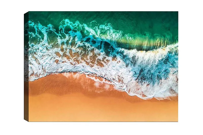 Lerretsbilde - Vakker utsikt over havet og stranden med bølger som ruller inn mot sanden, Turkis / Beige / Hvit