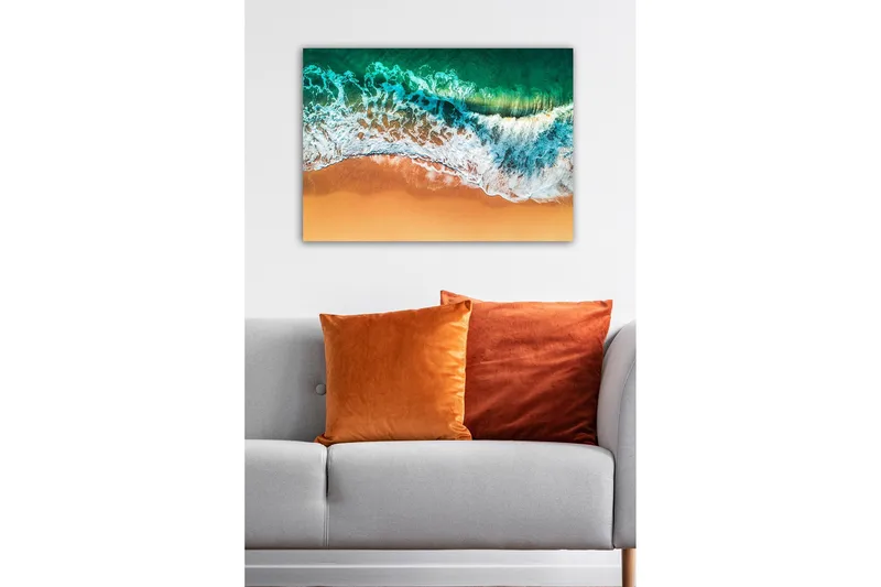 Lerretsbilde - Vakker utsikt over havet og stranden med bølger som ruller inn mot sanden - Turkis / Beige / Hvit - Interiør - Maleri & posters - Lerretsbilder