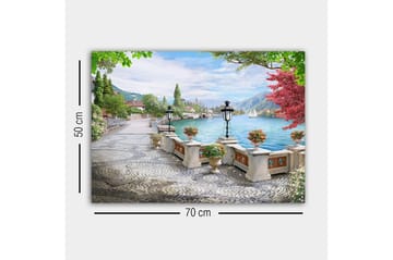 Lerretsbilde - Vakker utsikt over innsjøen med promenade og blomster i potter - Grønn / Blå / Rosa - Interiør - Maleri & posters - Lerretsbilder