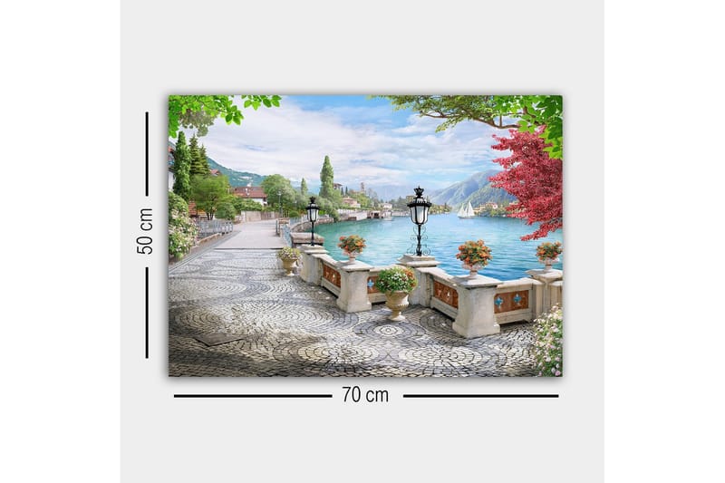 Lerretsbilde - Vakker utsikt over innsjøen med promenade og blomster i potter - Grønn / Blå / Rosa - Interiør - Maleri & posters - Lerretsbilder