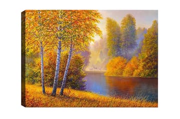 Lerretsbilde - Vakkert høstlandskap med bjørker ved en stille innsjø - Gyllenoransje / Grønn / Blå - Interiør - Maleri & posters - Lerretsbilder