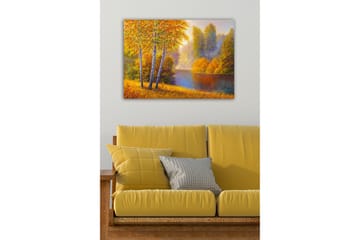Lerretsbilde - Vakkert høstlandskap med bjørker ved en stille innsjø - Gyllenoransje / Grønn / Blå - Interiør - Maleri & posters - Lerretsbilder