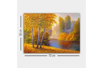Lerretsbilde - Vakkert høstlandskap med bjørker ved en stille innsjø - Gyllenoransje / Grønn / Blå - Interiør - Maleri & posters - Lerretsbilder