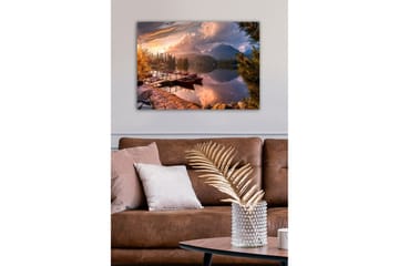 Lerretsbilde - Vakkert innsjølandskap med robåter ved solnedgang - Oransje / Grønn / Blå - Interiør - Maleri & posters - Lerretsbilder