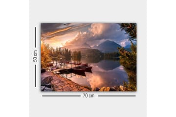Lerretsbilde - Vakkert innsjølandskap med robåter ved solnedgang - Oransje / Grønn / Blå - Interiør - Maleri & posters - Lerretsbilder