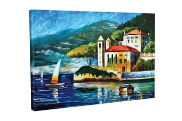 Lerretsbilde - Vakkert kystlandskap med seilbåter og en pittoresk bygning ved vannet - Blå / Grønn / Rød - Interiør - Maleri & posters - Lerretsbilder