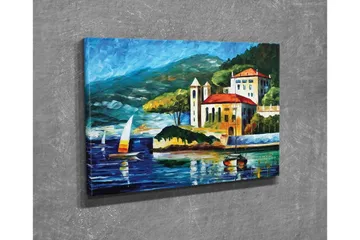 Lerretsbilde - Vakkert kystlandskap med seilbåter og en pittoresk bygning ved vannet - Blå / Grønn / Rød - Interiør - Maleri & posters - Lerretsbilder