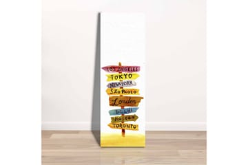 Lerretsbilde - Veiskilt med internasjonale byer - Gul / Rosa / Blå - Interiør - Maleri & posters - Lerretsbilder
