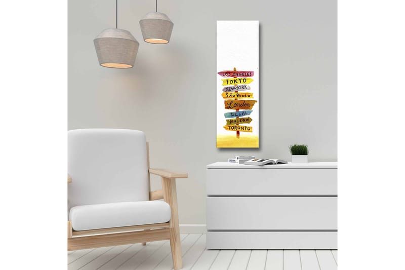 Lerretsbilde - Veiskilt med internasjonale byer - Gul / Rosa / Blå - Interiør - Maleri & posters - Lerretsbilder