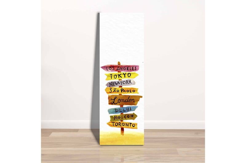 Lerretsbilde - Veiskilt med internasjonale byer - Gul / Rosa / Blå - Interiør - Maleri & posters - Lerretsbilder
