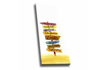 Lerretsbilde - Veiskilt med internasjonale byer - Gul / Rosa / Blå - Interiør - Maleri & posters - Lerretsbilder