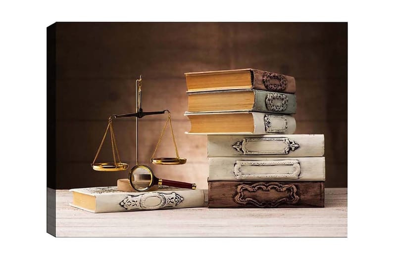 Lerretsbilde - Vekter med bøker i forskjellige farger og former, Gull / Brun / Hvit