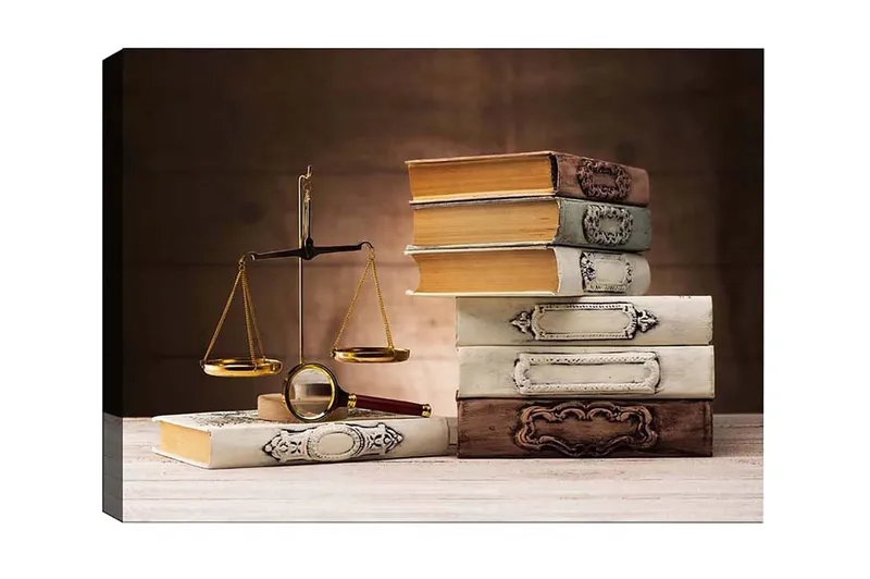 Lerretsbilde - Vekter med bøker i forskjellige farger og former, Gull / Brun / Hvit