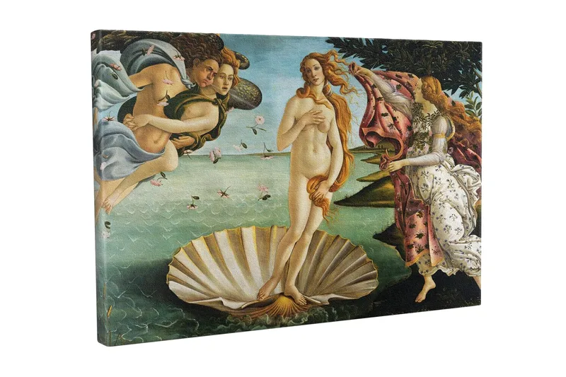 Lerretsbilde - Venus stiger opp fra havet på et skjell, Hudtone / Himmelblå / Grønn
