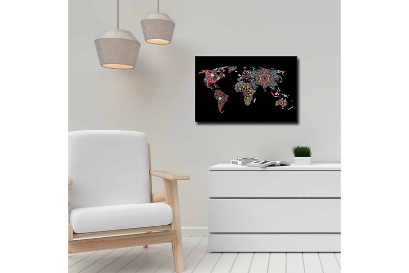 Lerretsbilde - Verdenskart med fargerike blomstermønstre - Rød / Grønn / Gul - Interiør - Maleri & posters - Lerretsbilder