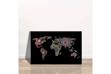 Lerretsbilde - Verdenskart med fargerike blomstermønstre - Rød / Grønn / Gul - Interiør - Maleri & posters - Lerretsbilder