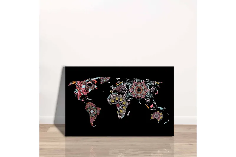 Lerretsbilde - Verdenskart med fargerike blomstermønstre - Rød / Grønn / Gul - Interiør - Maleri & posters - Lerretsbilder