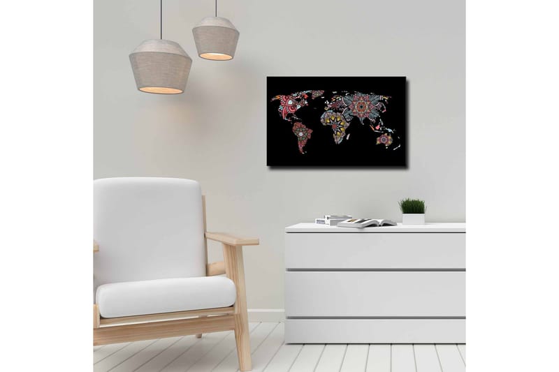 Lerretsbilde - Verdenskart med fargerike blomstermønstre - Rød / Grønn / Gul - Interiør - Maleri & posters - Lerretsbilder