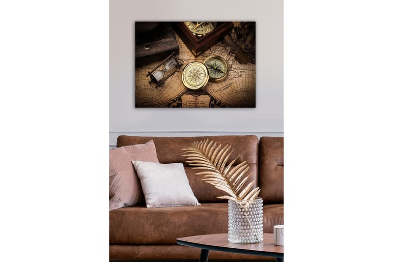 Lerretsbilde - Vintage navigasjonsverktøy på et gammelt kart - Gull / Brun / Beige - Interiør - Maleri & posters - Lerretsbilder