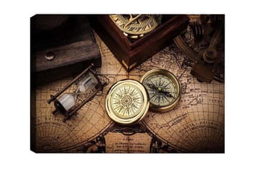 Lerretsbilde - Vintage navigasjonsverktøy på et gammelt kart - Gull / Brun / Beige - Interiør - Maleri & posters - Lerretsbilder