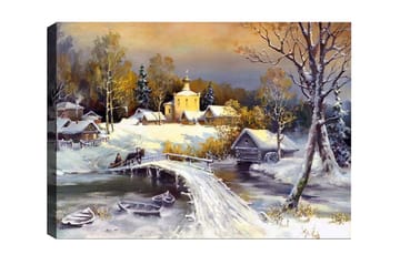 Lerretsbilde - Vinterlandskap med bro og snødekte hus - Hvit / Grå / Gul - Interiør - Maleri & posters - Lerretsbilder