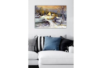 Lerretsbilde - Vinterlandskap med bro og snødekte hus - Hvit / Grå / Gul - Interiør - Maleri & posters - Lerretsbilder