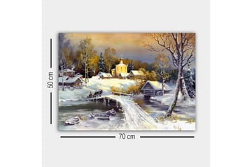 Lerretsbilde - Vinterlandskap med bro og snødekte hus - Hvit / Grå / Gul - Interiør - Maleri & posters - Lerretsbilder