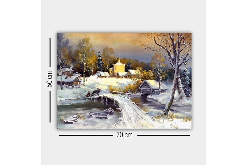 Lerretsbilde - Vinterlandskap med bro og snødekte hus - Hvit / Grå / Gul - Interiør - Maleri & posters - Lerretsbilder