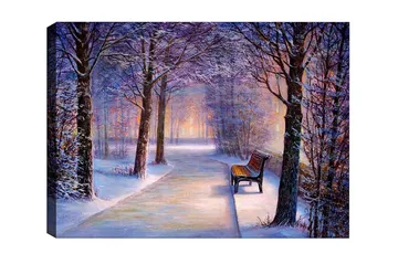 Lerretsbilde - Vinterlandskap med en ensom benk langs en snødekt vei - Lilla / Hvit / Brun - Interiør - Maleri & posters - Lerretsbilder
