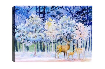 Lerretsbilde - Vinterlandskap med hjort og snødekte trær - Blå / Hvit / Beige - Interiør - Maleri & posters - Lerretsbilder