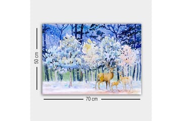 Lerretsbilde - Vinterlandskap med hjort og snødekte trær - Blå / Hvit / Beige - Interiør - Maleri & posters - Lerretsbilder