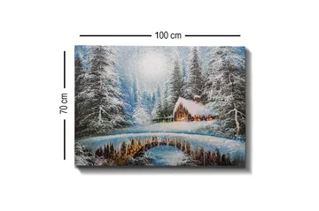 Lerretsbilde - Vinterlandskap med hytte og snødekte trær - Blå / Hvit / Brun - Interiør - Maleri & posters - Lerretsbilder