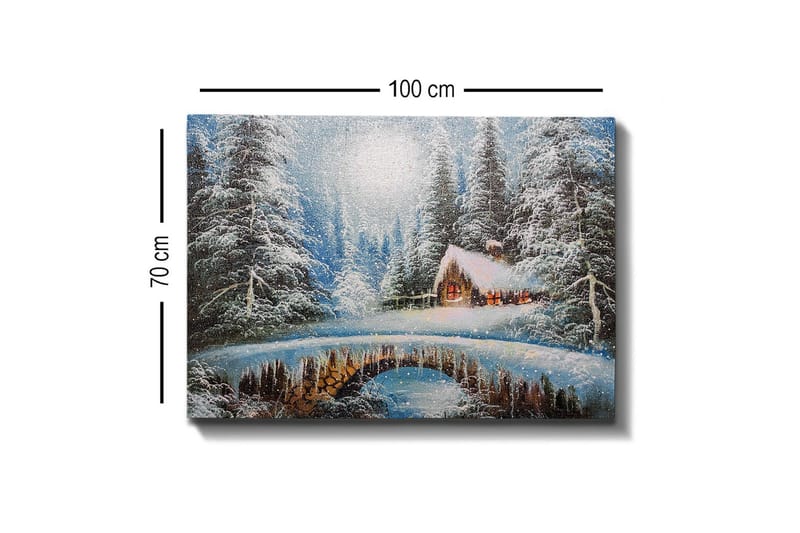 Lerretsbilde - Vinterlandskap med hytte og snødekte trær - Blå / Hvit / Brun - Interiør - Maleri & posters - Lerretsbilder