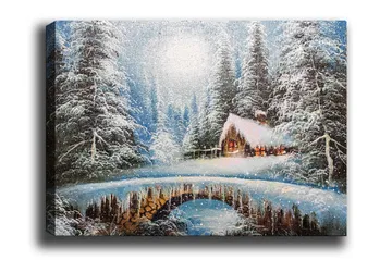 Lerretsbilde - Vinterlandskap med hytte og snødekte trær - Blå / Hvit / Brun - Interiør - Maleri & posters - Lerretsbilder