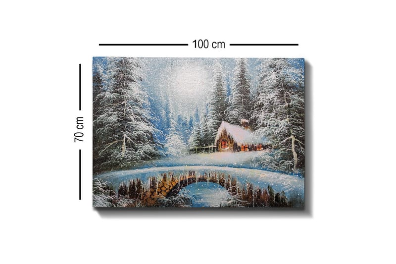 Lerretsbilde - Vinterlandskap med hytte og snødekte trær - Blå / Hvit / Brun - Interiør - Maleri & posters - Lerretsbilder